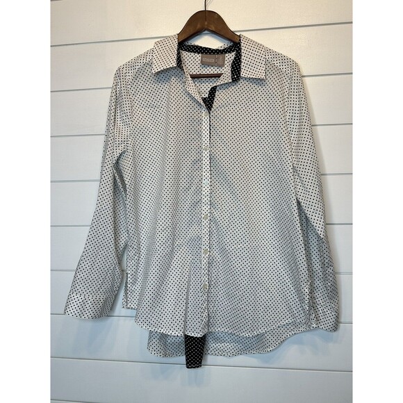 Chicos 2 Top Size 12 Large Black White Polkadot Button Down Shirt HiLow Roll Tab - Picture 7 of 10